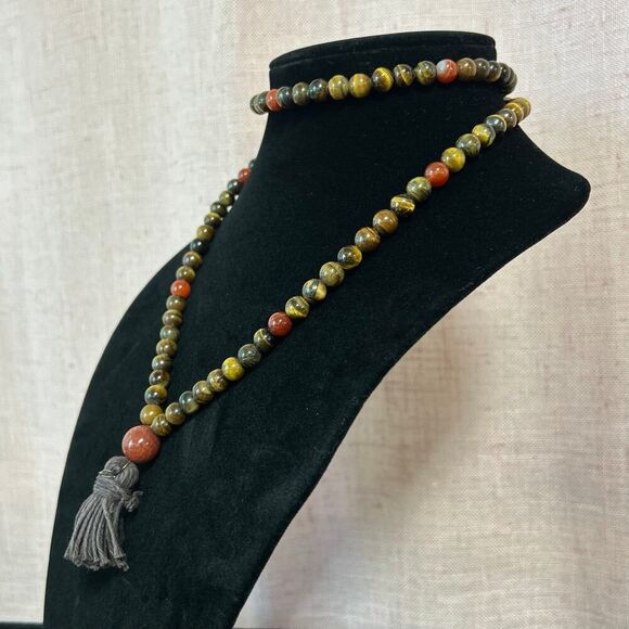 Vintage Tigers Eye and Orange Agate 32 inch Tassel Statement Necklace - Picture 2 of 6